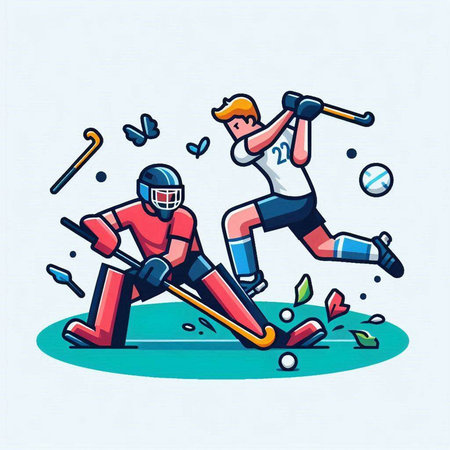 Hockey player with ball and stick in action, cartoon vector illustration.のイラスト素材