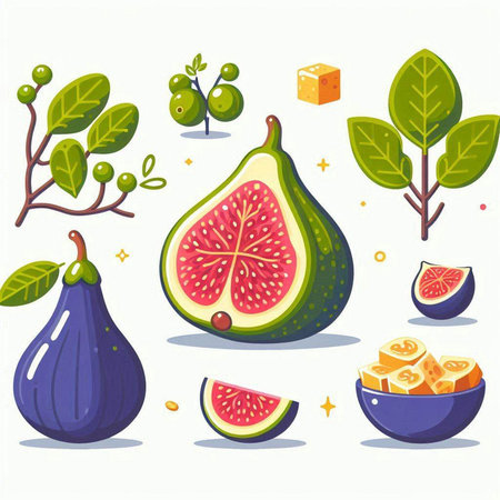 Fruits and berries. Vector illustration in cartoon style. Set of figs, figs, grapefruits, leaves and cubes.のイラスト素材