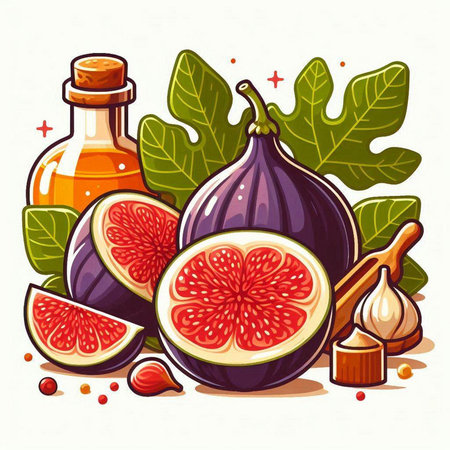Fresh figs with essential oil. Vector illustration in cartoon style.のイラスト素材