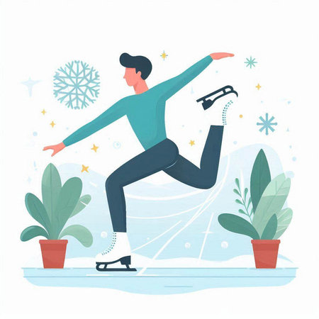 Winter sports. Young man skating on ice. Vector illustration in flat style.のイラスト素材