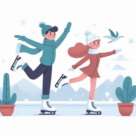 Couple skating on ice rink, vector illustration in flat cartoon styleのイラスト素材