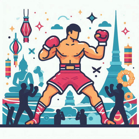 Flat vector illustration of Thai boxer on a background of the ancient city.のイラスト素材
