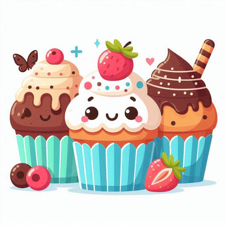 Cute cupcakes with chocolate, strawberry, cherry and ice cream. Vector illustrationのイラスト素材