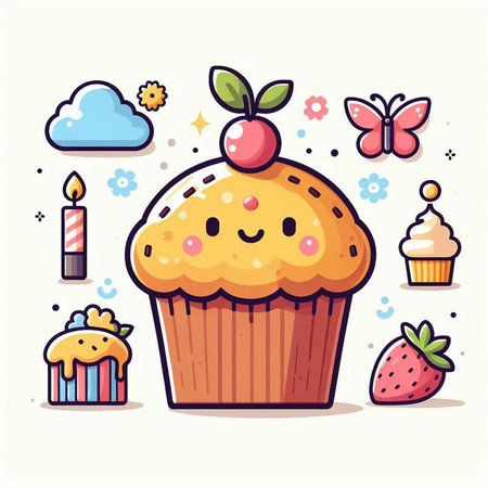Cute cupcake vector illustration, sweet dessert with cupcakes, cakes, muffins.のイラスト素材