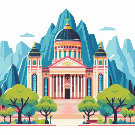 Church in the mountains. Vector illustration in flat style on white background.のイラスト素材