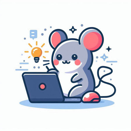Cute mouse with computer and light bulb. Vector illustration in cartoon style.のイラスト素材