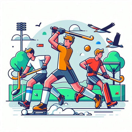 Vector illustration of a group of people playing hockey in the park.のイラスト素材