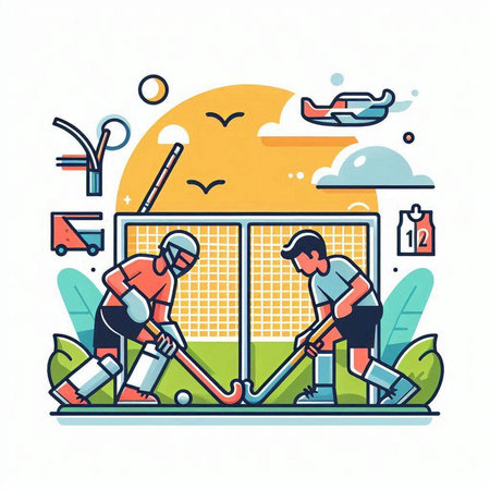 Hockey players on the field, vector illustration. Flat style.のイラスト素材