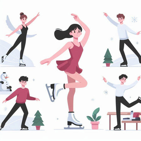 Set of ice skates and people. Vector illustration in cartoon style.のイラスト素材