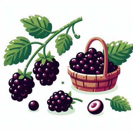 Blackberries in a basket on a white background. Vector illustration.のイラスト素材