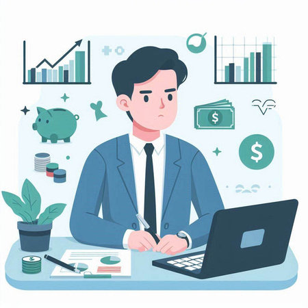Businessman working at office. Vector illustration in a flat style.のイラスト素材