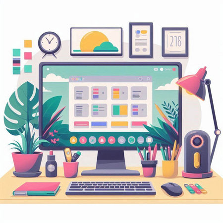 Workplace with computer, stationery and accessories. Vector illustration in flat styleのイラスト素材