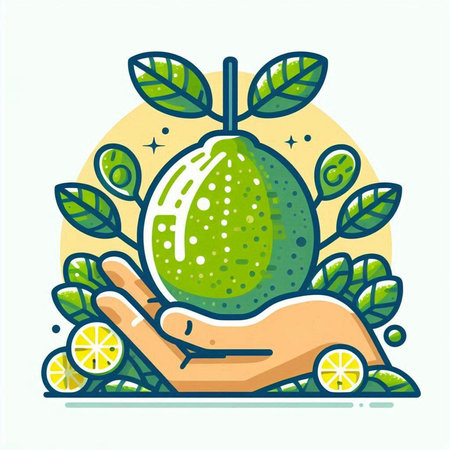 Hand holding lemon with leaves. Vector illustration in flat linear style.のイラスト素材