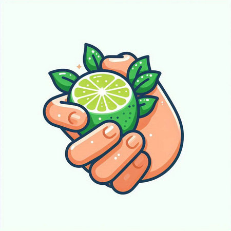 Hand holding lime with mint leaves. Vector illustration in cartoon style.のイラスト素材