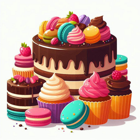 Vector illustration of sweet cakes with colorful macarons, macaroons and cookiesのイラスト素材