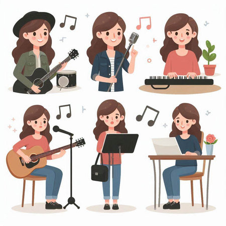 Set of illustrations of a girl with musical instruments. Vector illustration.のイラスト素材