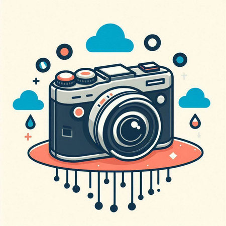 Vector illustration of a retro camera in the cloud. Vintage style.のイラスト素材