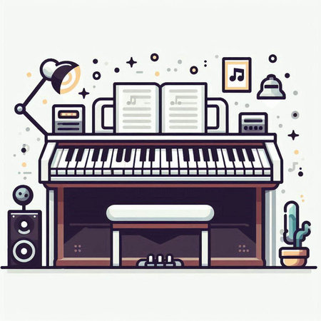 Vector illustration of a music shop with a piano and a sound system. Line art design for web, site, advertising, banner, poster, board and print.のイラスト素材
