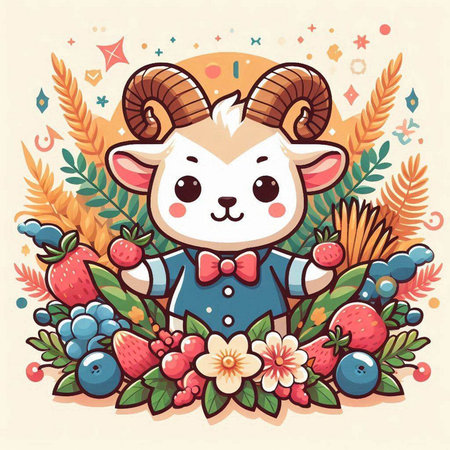 Cute cartoon ram with flowers and berries. Vector illustration in cartoon style.のイラスト素材