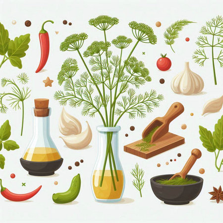 Dill, garlic, olive oil and spices. Vector illustration.のイラスト素材