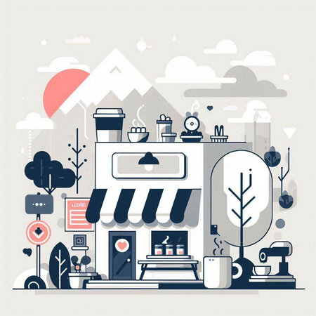 Coffee shop in flat line style design. Vector illustration.のイラスト素材