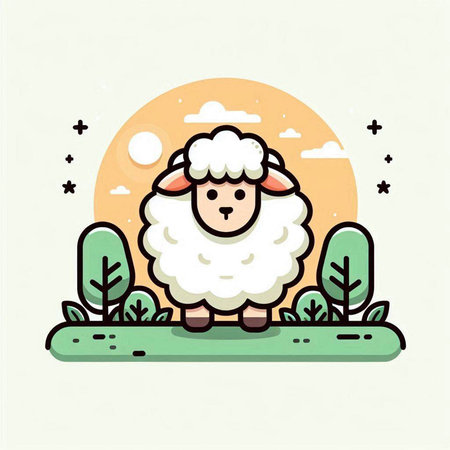Cute cartoon sheep standing on the grass. Vector illustration in flat style.のイラスト素材