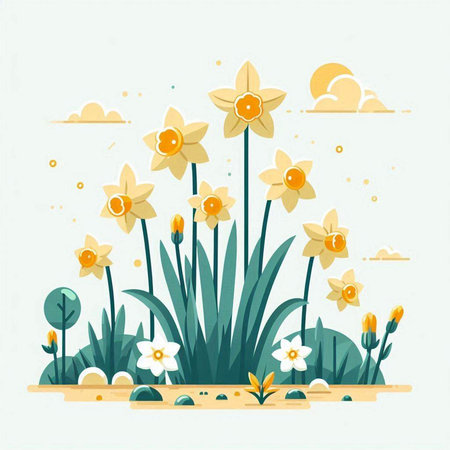 Daffodils in the garden. Flat style vector illustration.のイラスト素材