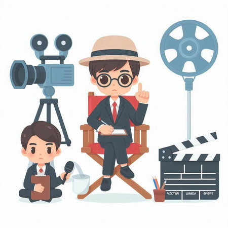 Cinema director and film crew. Vector illustration in cartoon style.のイラスト素材