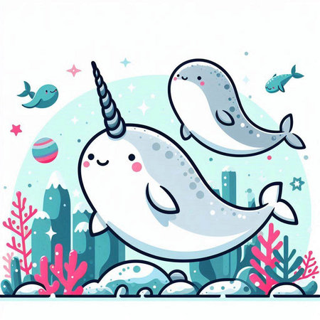 Cute cartoon narwhal in the sea. Vector illustration.のイラスト素材