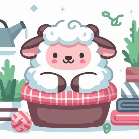 Sheep in a basket. Cute cartoon sheep. Vector illustration.のイラスト素材