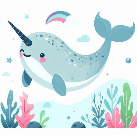Cute cartoon narwhal in the sea. Vector illustration.のイラスト素材