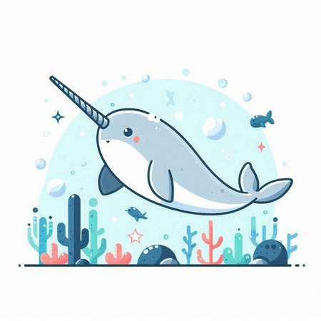 Cute cartoon narwhal in the sea. Vector illustration.のイラスト素材