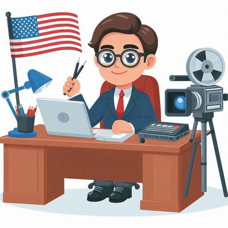 Cartoon vector illustration of a young man in a business suit sitting at his desk and working with a laptop.のイラスト素材