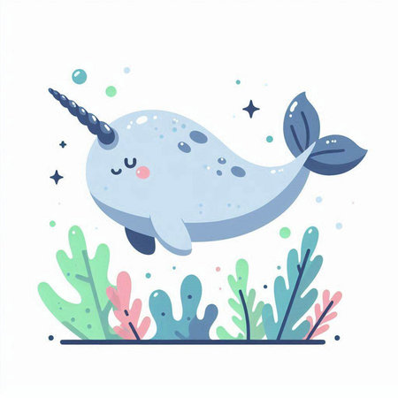 Cute narwhal vector illustration. Cute cartoon narwhal character.のイラスト素材