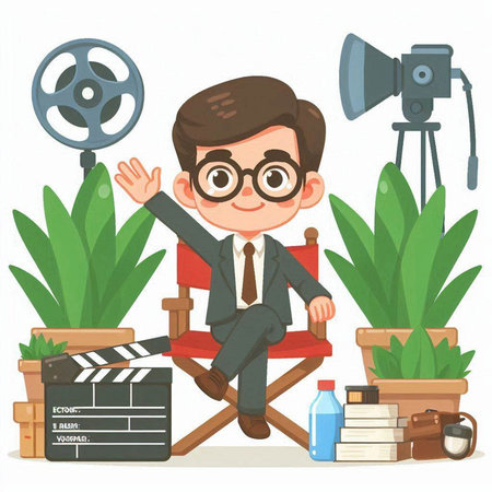 Cinema director with clapperboard and movie camera. Vector illustrationのイラスト素材