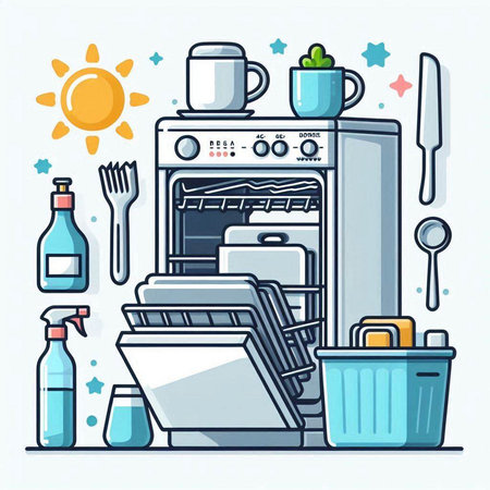 Kitchen utensils and appliances. Vector illustration in line style.のイラスト素材