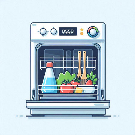 Illustration of an electric oven with fresh vegetables. Vector illustration.のイラスト素材