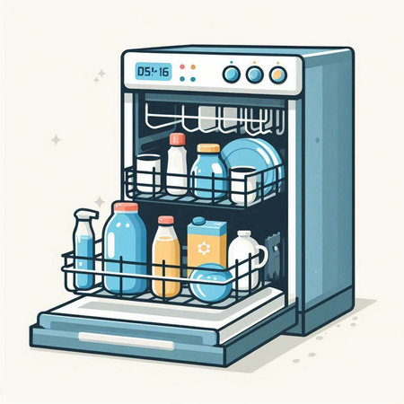Illustration of a refrigerator full of dairy products. Vector illustration.のイラスト素材