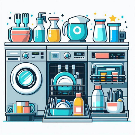 Dishwasher with household utensils. Vector illustration in cartoon styleのイラスト素材