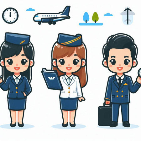 Cartoon pilot and stewardess characters set. Vector illustration.のイラスト素材