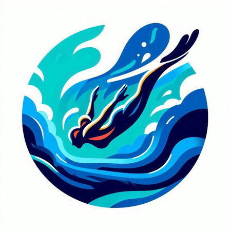 Swimming pool emblem with a silhouette of a man swimming in the waterのイラスト素材