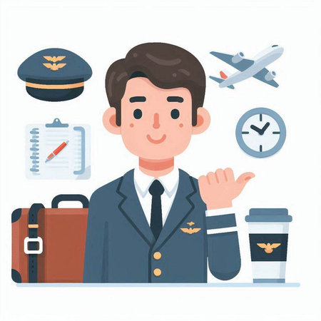 Vector illustration of a man in a flight attendant uniform with a set of iconsのイラスト素材