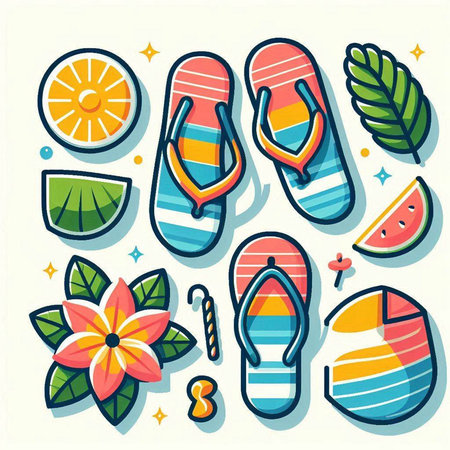 Vector set of summer icons. Flip flops, watermelon, pineapple, watermelon.のイラスト素材