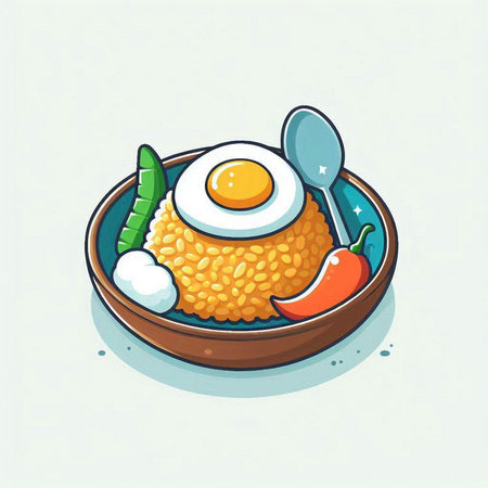 Illustration of a plate of rice with fried egg on a plateのイラスト素材