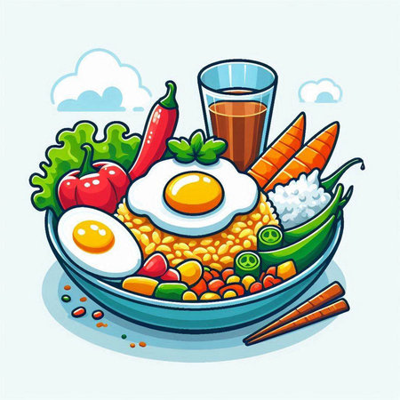 Illustration of healthy breakfast bowl with fried egg, carrot, beans and riceのイラスト素材