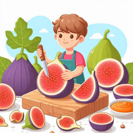 Little boy cutting figs on wooden board. Cartoon vector illustration.のイラスト素材
