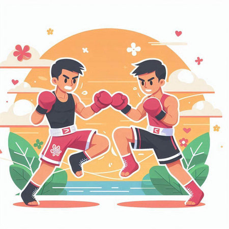 Boxing vector illustration. Two young men in sportswear boxing.のイラスト素材