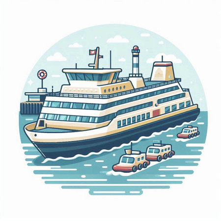 Cruise ship on the water, vector illustration in a flat styleのイラスト素材