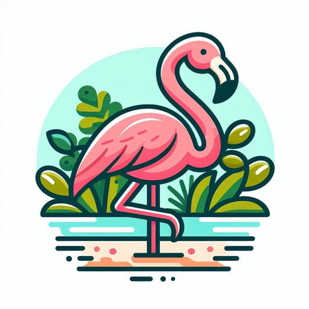 Pink flamingo on the beach. Vector illustration in flat style.のイラスト素材