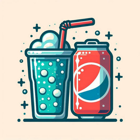 Colorful flat vector illustration of a soda drink with a straw and a soda canのイラスト素材